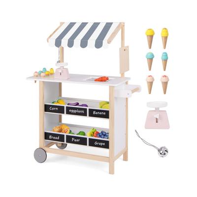 Costway Kids Wooden Ice Cream Cart with Chalkboard and Storage for over 3 Years Old-White