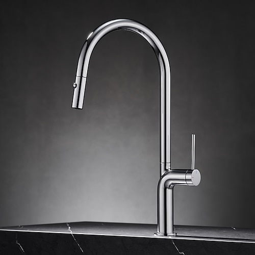Armatur für die Küche - Einhand Ein Loch Chrom / Nickel gebürstet / Galvanisierung Herausziehen / Herunterziehen / Standardauslauf / Hoch / High-Arc Mittellage Moderne zeitgenössische Kitchen Taps Image