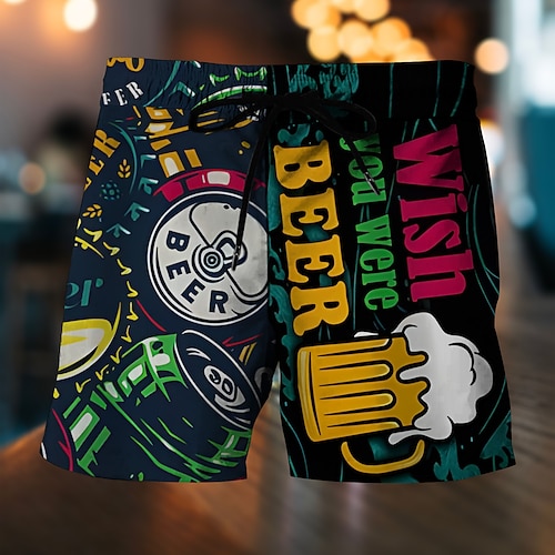 Herren Buchstabe Bier Badehosen Badeshorts Boardshorts Mittlere Taille Mode Hawaiianisch Designer Lässig Täglich Ferien Tasche Kordelzug Elastischer Bund Designer Bekleidung Image
