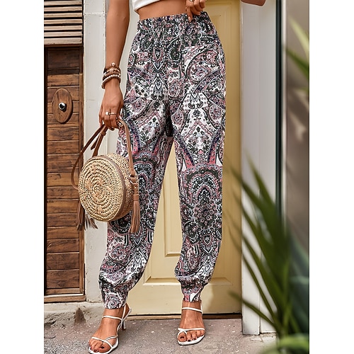 Damen Jogginghose Hosen Hose Alltagstauglich Lang Paisley-Muster Tasche Druck Geteilt Atmungsaktivität Bequem Unelastisch Urlaub Wochenende Grün Frühling Sommer Normale Passform Image