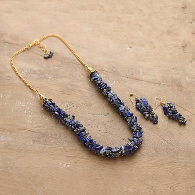 'Gold-Toned Lapis Lazuli Necklace and Earrings Jewelry Set'