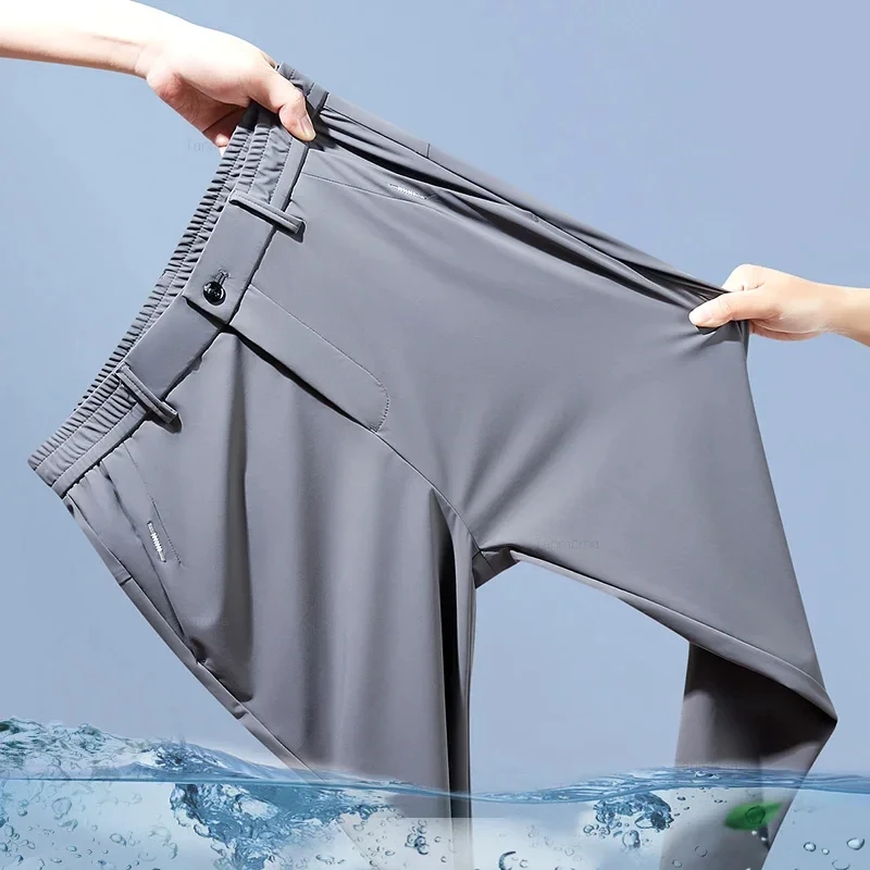 Elastische Herren-Freizeithose, Sommer, ultradünn, Eisseide, schmal, gerade, Business-Hose, schnell trocknende Jogginghose, Schwarz, Grau Image