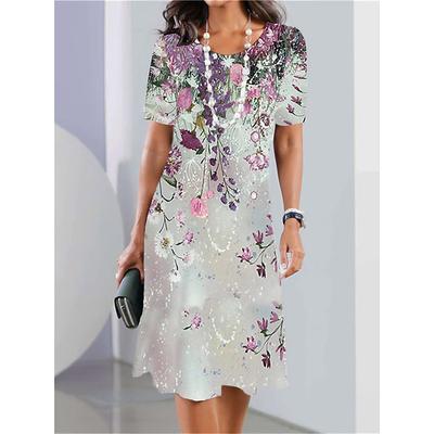 Women's Elegant Party Evening Midi Dress Crew Neck Short Sleeve Casual Dress Shift Dress Summer Dress Stylish Formal Work Casual Regular Fit Floral Black And White Red Blue Purple