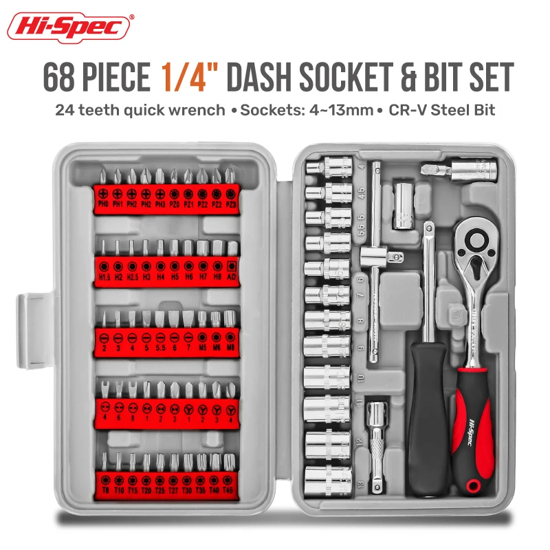 Hi-Spec 68 pièces 1/4 pouces jeu de clés à douille ensembles d'outils à main Kit d'outils de réparation de voiture boîte à outils mécaniques douille embouts de tournevis à cliquet