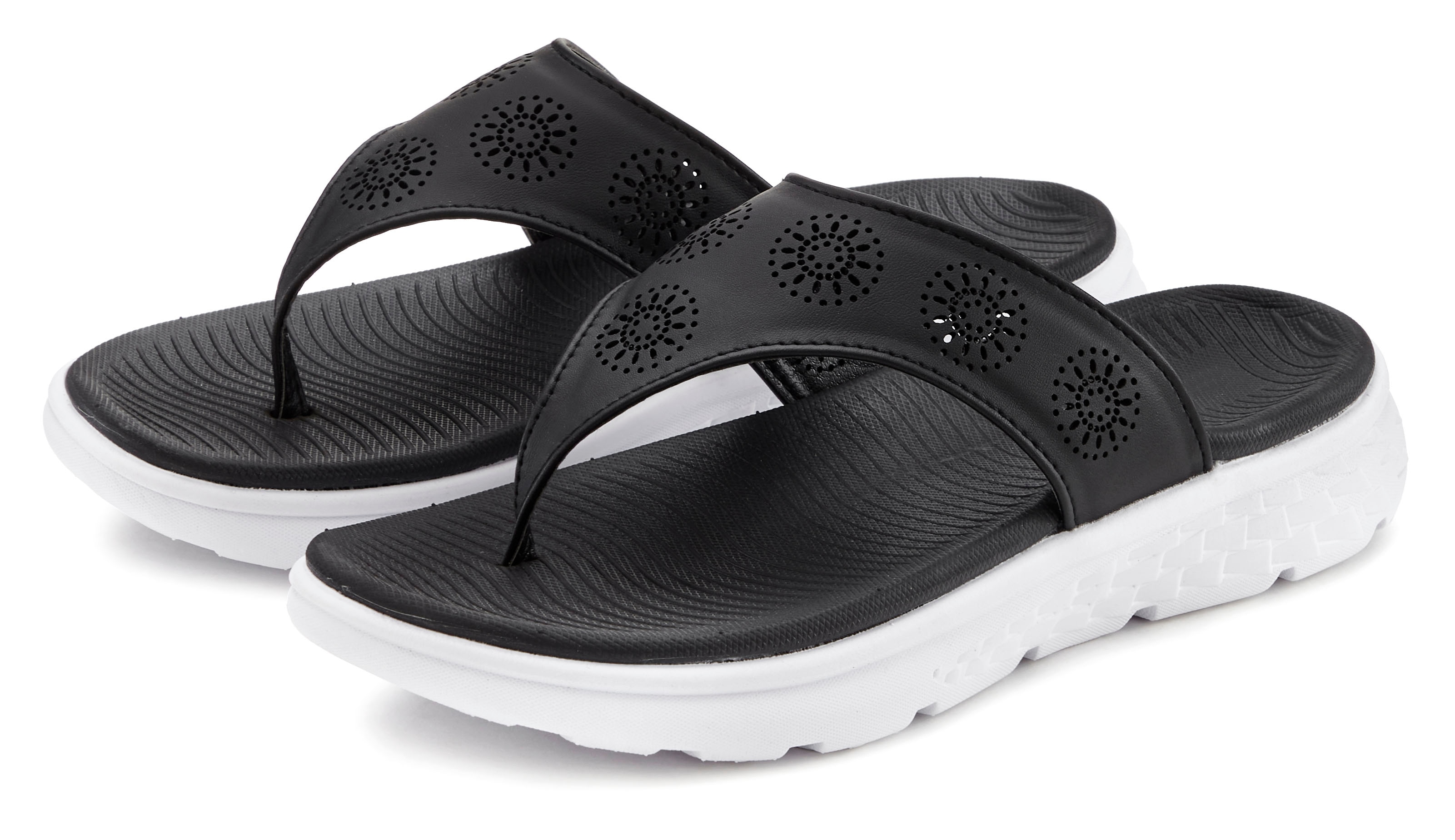 Zehentrenner VIVANCE "Badelatsche, Badeschuhe, Flip Flop", Damen, Gr. 36, schwarz, Obermaterial: 100% Lederimitat. Decksohle: 100% Synthetik. Futter: 100% Lederimitat. Laufsohle: 100% Synthetik, Strukturmuster, unifarben, Schuhe Zehentrenner...