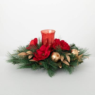 10.5"H Sullivans Artificial Christmas Magnolia Pomegranate Centerpiece, Green-Red