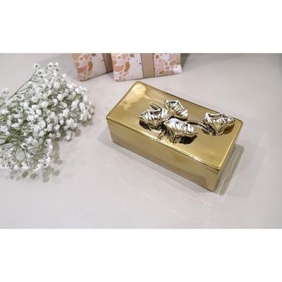 Oblong Gold Decorative Box With Flower Design Lid