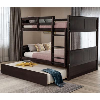 Full Over Full Bunk Bed with Pull Out Trundle, Wood Bed Built-In Safety Rails, Trundle Bunk Bed Easy Conversion to Separate Beds