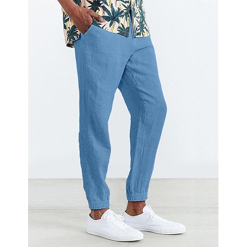 Herren Jogginghose Jogger Leinenhosen Hose Sommerhose Freizeithose Kordelzug Tasche Elastischer Bund Einfach Komfort Atmungsaktiv Heim Täglich Ferien Basic Lässig Schwarz Weiß Unelastisch Image