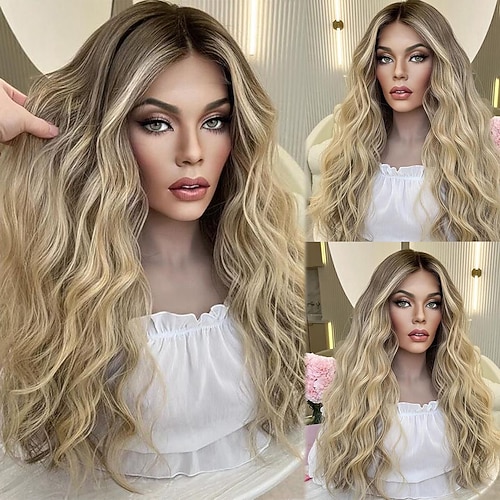 Remy Menschenhaar 13x4 Spitzenfront Perücke Freier Teil Brasilianisches Haar Wasserwellen Blond Perücke 130% 150% Haardichte mit Babyhaar Gefärbte Haarspitzen (Ombré Hair) Strähnchen Image