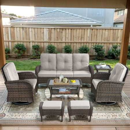 POCASSY 7 Pieces Patio Furniture Set All Weather Wicker Conversation Set with Coffee Table Sofa Swivel Rocking Chair Ottoman and Side Table for Pool Backyard Garden Beige