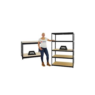 PROREGAL Mega Deal | 1x Schwerlastregal Big Elephant M & 1x Höhenverstellbare Werkbank Slim Dino| Fachlast bis zu 600kg | Schwarz | Stecksystem Image