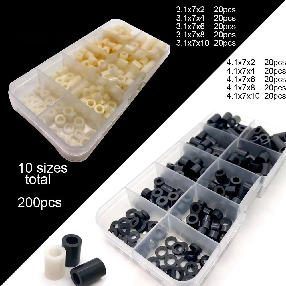 200 teile/satz M3 M4 10 Größen Schwarz Weiß ABS Nylon Kunststoff Ohne Gewinde Spacer Hohl Standoff Unterlegscheibe Set Box Sortiment kit Image