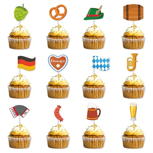 24 Stück Oktoberfest-Cupcake-Topper, Biertag-Kuchenaufsatz, bayerische Festival-Kuchen-Picker für Bierthema-Partyzubehör, Oktoberfest-Party-Dekorationen Image