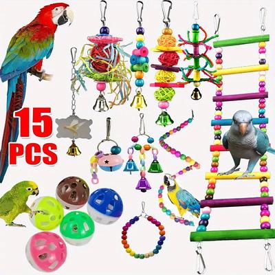 15pcs Parakeet Bird Toys Parrot Wood Bridge Cockatiel Molar Interactive Toy Bird Cage Accessories