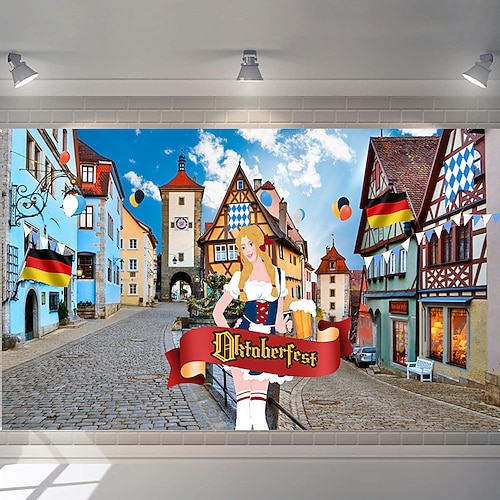 Oktoberfest-Festdekoration, 1,8 x 8 m, extragroß, bayerische Straßenkulisse, Hintergrund, Banner, Fotoautomat mit Seil, deutsches Bierparty-Spielzubehör Image