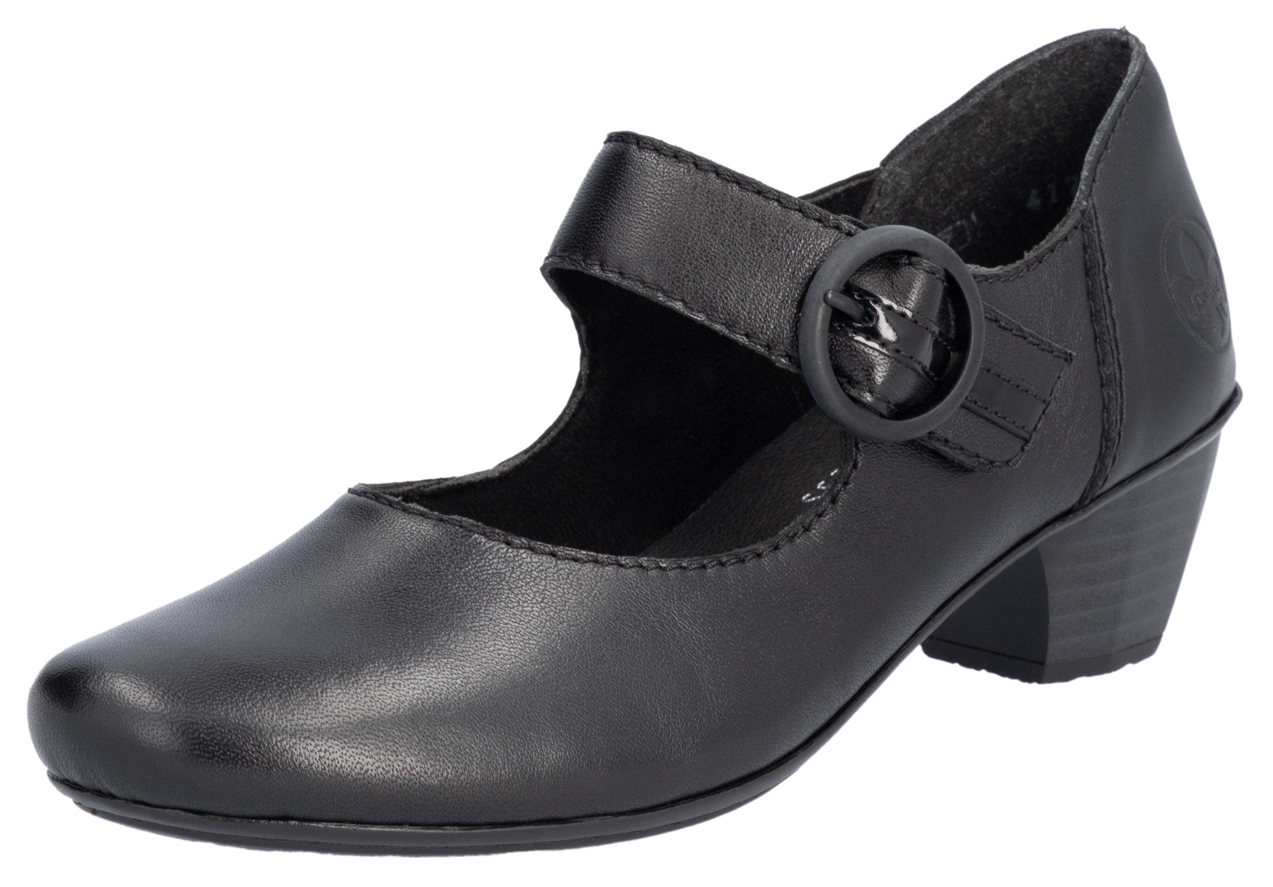 Spangenpumps RIEKER, Damen, Gr. 37, schwarz, Leder, Lederimitat, unifarben, Schuhe Spangenpumps, Festtagsschuh, Pumps, Trichterabsatz, mit Klettriemchen, Topseller