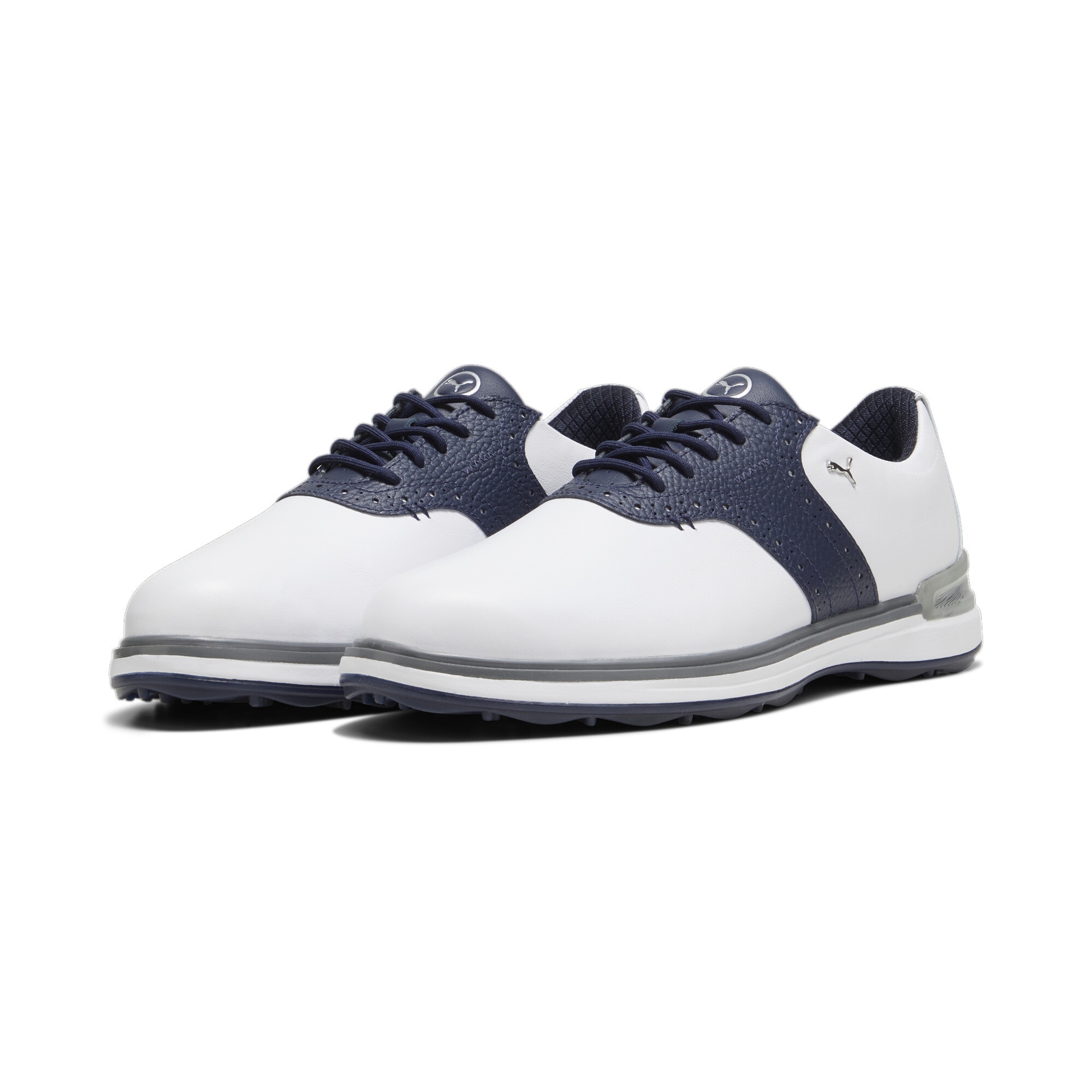 Golfschuh PUMA "PUMA Avant Golfschuhe Herren", Herren, Gr. 41, weiß (weiß deep navy speed blau), Obermaterial: Kuhleder; Futter: Textil, Synthetik; Innensohle: Textil; Laufsohle: Gummi, Schuhe