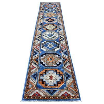 Shahbanu Rugs Periwinkle Blue 100% Wool Hand Knotted Colorful Afghan Ersari with Elephant Feet Design Runner Rug (2'5