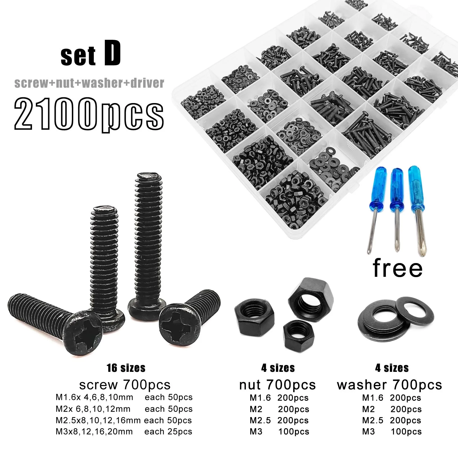 400/500/1010/2100 Stück M1,2 M1,4 M1,6 M2 M2,5 M3 M4 Schwarzer Stahl Kleiner Kreuzschlitz-Kreuzrundkopfschraubenbolzensatz Sortimentsset Image