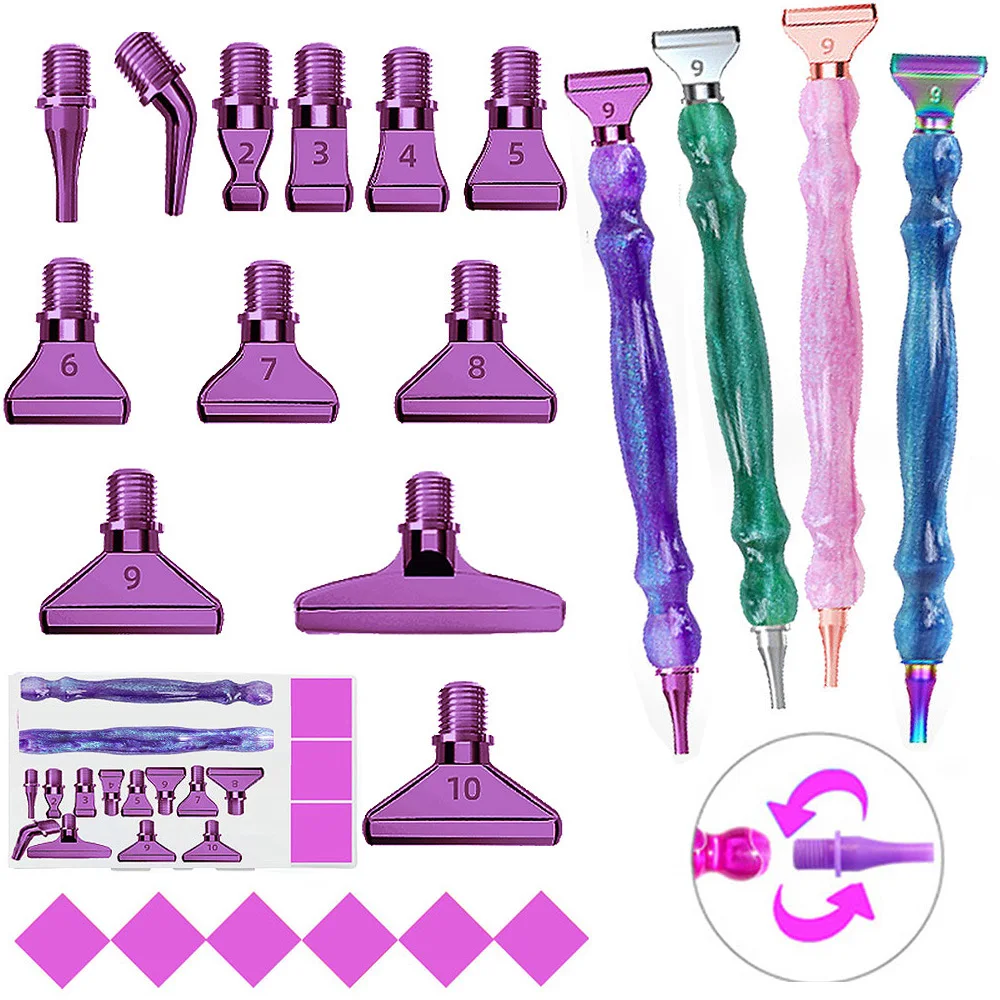 5D Diamant Malerei Werkzeug Kristall Punkt Bohrer Stift Mit Lila Metall Punkt Bohrer Köpfe Multi Placer Stift Spitze Und Ton Zubehör Image