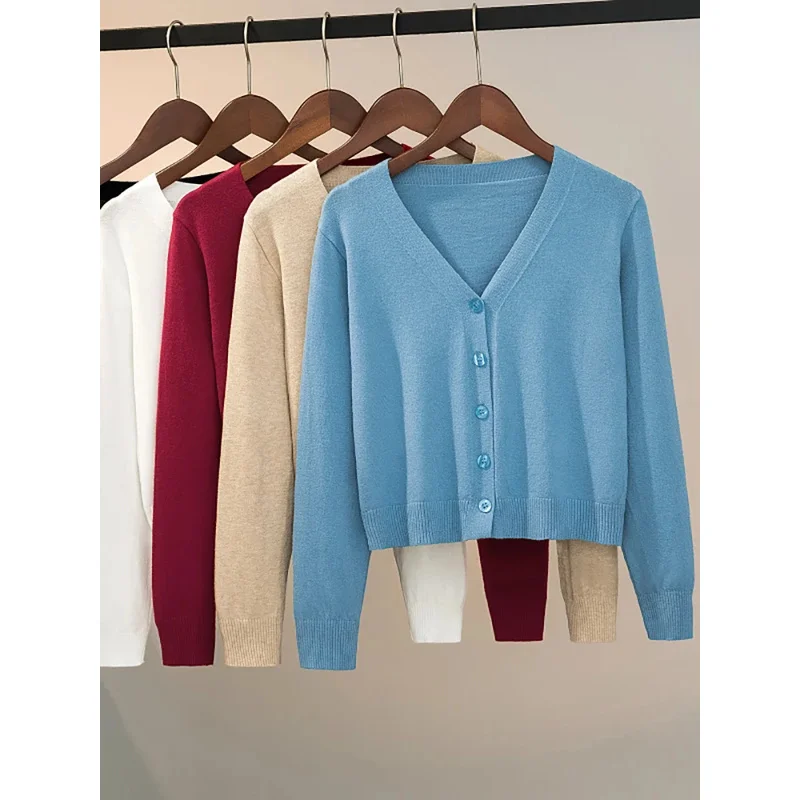 Pullover gestrickt Strickjacke Knopf Jacke 2024 Herbst Winter V-Ausschnitt Langarm lässig kurze Tops für Frauen Pullover Grauweiß Image