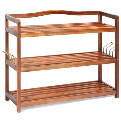 Costway 3-Tier Acacia Wood Shoe Rack with Side Metal Hooks