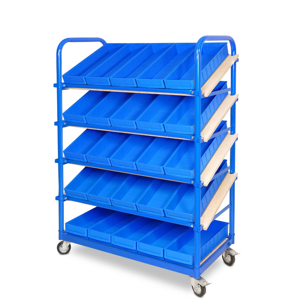 BRB Schrägboden-Regalwagen mit 5 Ebenen, BxTxH 1050x500x1450 mm, 4 Lenkrollen, 2 Rollen mit Feststellbremse mit 25 Regalkästen Image