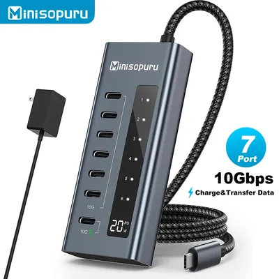 Minisopuru Powered USB C Hub 7 in 1 Type C 3.2 Hub Supports 10Gbps Data Fast Charging Adapter for
