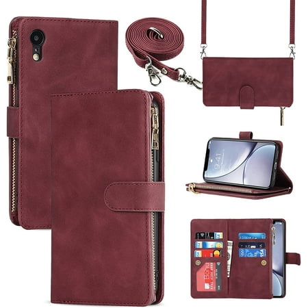for iPhone XR Wallet Case iPhone XR Phone Case for Women with Card Holder iPhone XR Cases for Men Crossbody PU Leather Case for Girls with Strap and Credit Card Holders 6.1 Burgundy