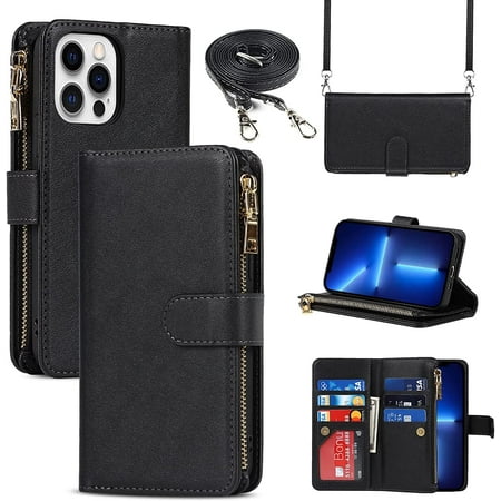 iPhone 13 Pro Phone Case Wallet for Women Men with Card Holder iPhone 13 Pro Crossbody Case with Strap Shoulder Lanyard Zipper Pocket PU Leather Cases for iPhone 13 Pro 6.1 Inch Black