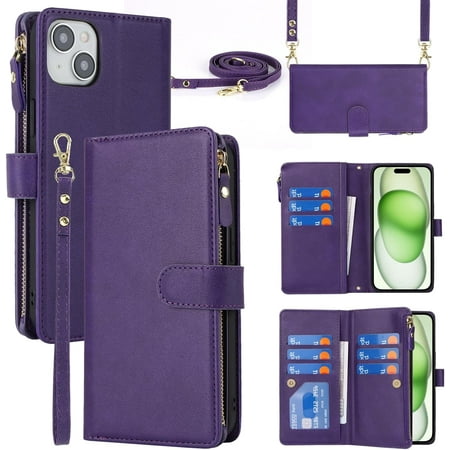 Crossbody iPhone 15 Plus Case with Strap Lanyard for Apple iPhone 15 Plus Phone Wallet Case for Women with Card Holder Zipper Pocket Magnetic Flip Leather iPhone 15 Plus Case 6.7 Purple
