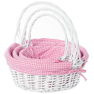 White Round Willow Gift Basket, with Gingham Liner and Handle