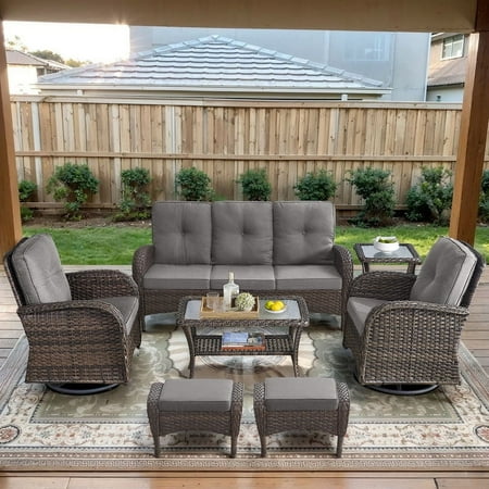 POCASSY 7 Pieces Patio Furniture Set All Weather Wicker Conversation Set with Coffee Table Sofa Swivel Rocking Chair Ottoman and Side Table for Pool Backyard Garden Gray