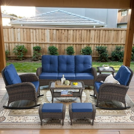 POCASSY 7 Pieces Patio Furniture Set All Weather Wicker Conversation Set with Coffee Table Sofa Rocking Chair Ottoman and Side Table for Pool Backyard Garden Blue