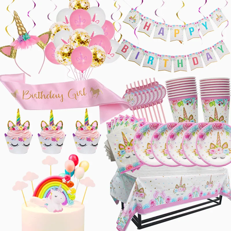 Einhorn Geburtstags feier liefert Mädchen Einhorn Einweg geschirr Set mit Teller Tasse Servietten Banner Baby party Party liefert Image