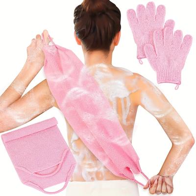 TEMU Exfoliating Back Scrubber Towel & Gloves Set - Nylon, Stretchable With Handles For Easy Reach, Personal Care Essentials