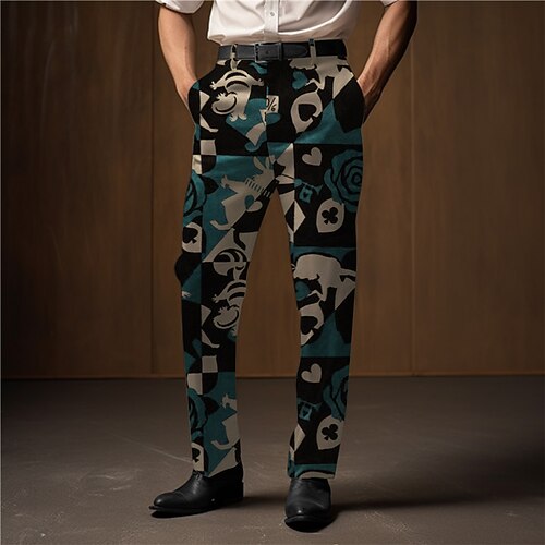 Farbblock Poker Abstrakt Herren 3D-Druck Hosen Hose Outdoor Strasse Tragen Sie, um zu arbeiten Polyester Wein Rote Blau S M L Hoch Elastizität Hose