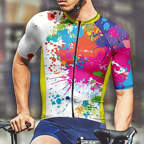 Herren Radtrikot Graffiti Kurzarm Fahhrad T-Shirt Trikot mit 3 Gesäßtaschen Mountainbike MTB Schnelltrocknend Anatomisches Design Feuchtigkeitsableitend Atmungsaktiv Sport Weiß Gelb Blau Bekleidung Image