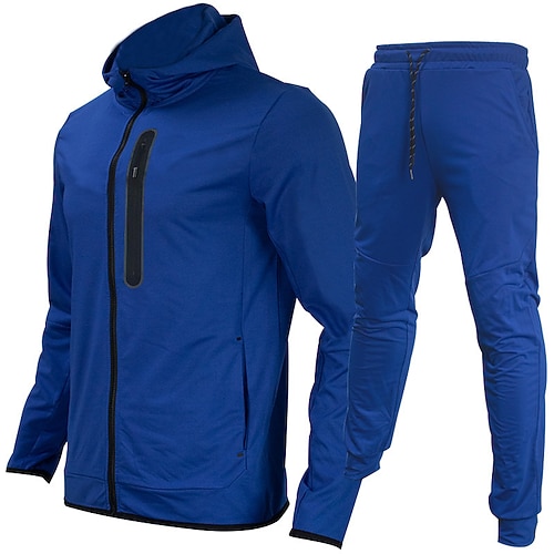 Herren Trainingsanzug Jogginganzug Kordelzug Tasche Farbblock Jacke und Jogginghose Sportbekleidungsset Frühling Herbst Blau und Weiß Schwarz-rot Fitnesstraining Joggen Laufen Weich Atmungsaktiv Image