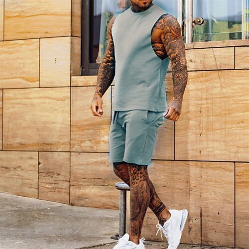 Herren Trainingsanzug Jogginganzug Kordelzug 2 teilig Einfarbig Laufshirt mit kurzer Laufhose Sommer Schwarz Weiß Fitnesstraining Joggen Laufen Weich Atmungsaktiv Ärmellos Sport Sportkleidung Image