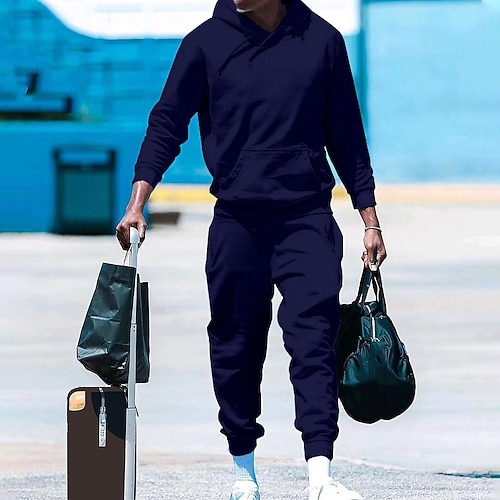 Herren Trainingsanzug Jogginganzug Kordelzug Tasche Einfarbig Kapuzenpulli und Hose Jacke und Jogginghose Sportbekleidungsset Herbst Dunkelgrau Cachi scuro Fitnesstraining Joggen Laufen Thermowarm Image