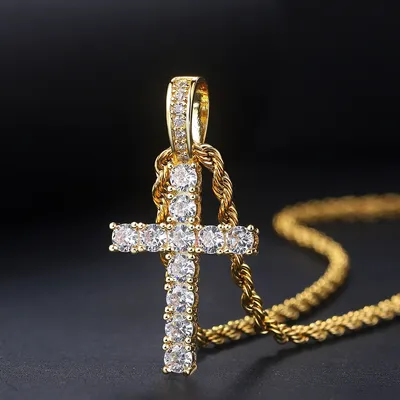 4/5mm Iced Out CZ Cross Pendant Necklaces for Women Men Punk Hiphop Rope Stainless Steel Chain on