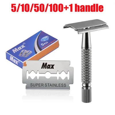1 Pcs Shaving Razor + 5/10/50/100 Pcs Manual Shaver for Men Barbershop Razor Stainless Steel Shank