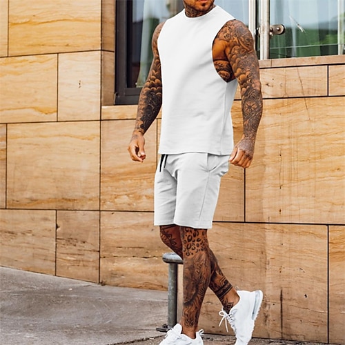 Per uomo Tuta da Ginnastica Tuta da Jogging Coulisse 2 Pezzi Tinta unita T-shirt e pantaloncini da corsa Estate Primavera Nero Bianco Allenamento in Palestra Jogging Corsa Morbido Traspirante Senza