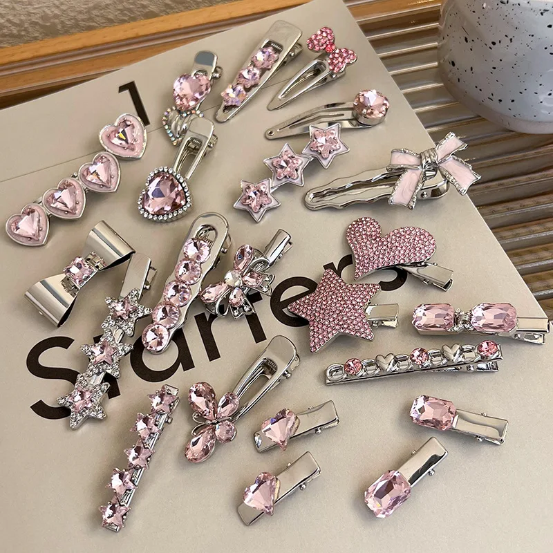 Y2K Pink Rhinestone Butterfly Bow Star Heart Hairpins Barrettes Women Korean Fashion Kpop Hair Clip Accessories