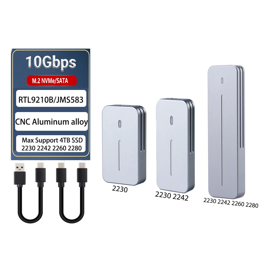 M.2 NVMe NGFF SSD-Gehäuse, CNC-Aluminium USB 3.2 Gen 2 10 Gbit/s PCIe NVME 6 Gbit/s SATA MKey M&BKey M.2-Gehäuse für M2 2230 2242 2280 Image