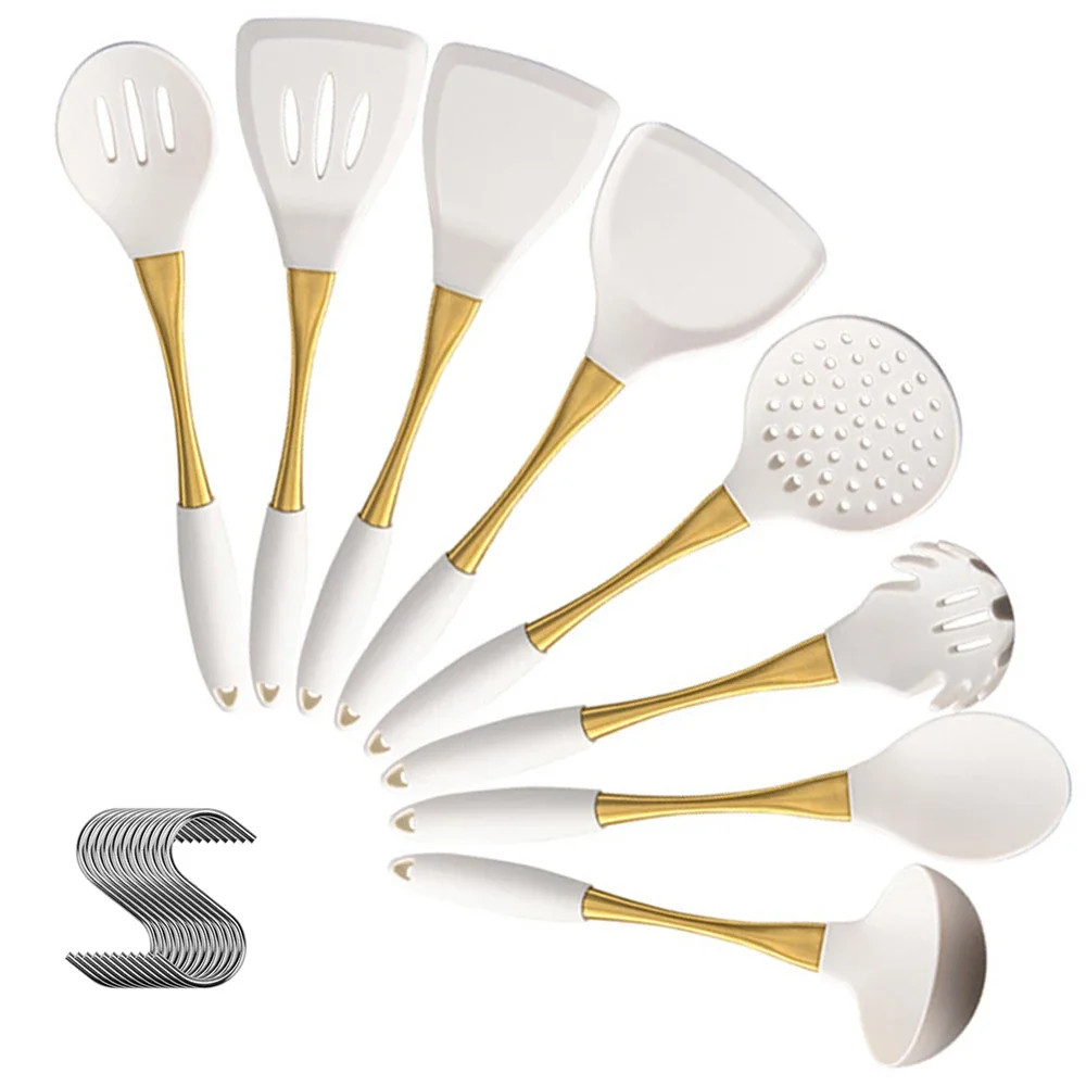 Ustensiles de cuisine en Silicone or blanc, ustensiles de cuisine, accessoires de cuisine, tourneur de spatule, passoire à pâtes résistante à la chaleur, pelle 8 pièces
