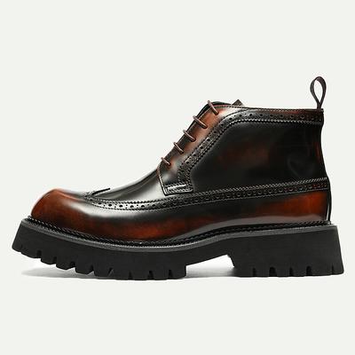 Men's Premium Leather Brogue Combat Boots - 100% Cowhide Lace-Up Ankle Boots with Chunky Sole for Stylish and Rugged Wear