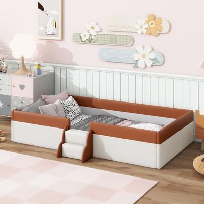 Brown White Sofa Bed Two-color Daybed Toddler Floor Bed with Fence and Stairs Grounded Wood Slat Support Frame Upholstered Bed